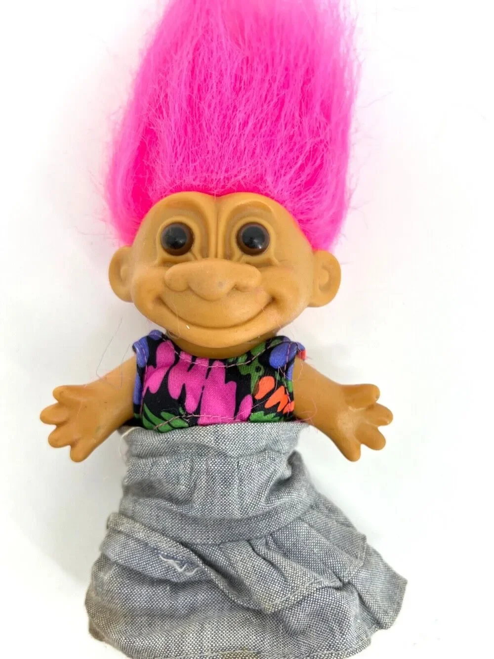 Vintage Russ Lucky Troll Doll with Clothes Pink Hair Brown Eyes